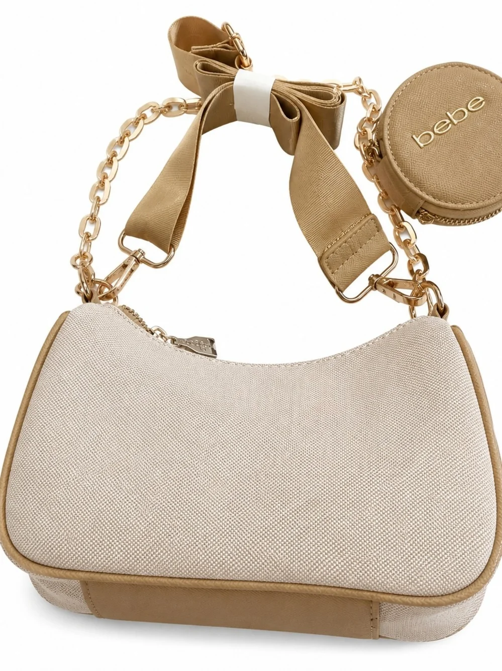 Bebe Canvas Stripe Shoulder Bag w/ Coin Purse Almond Beige Y2K‎ NWT